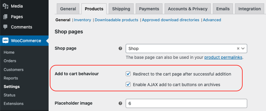 enable redirect to the cart page